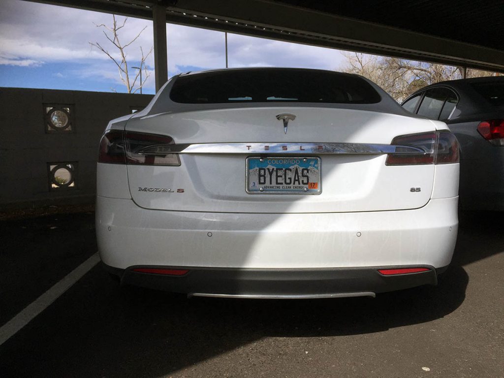 This Colorado Tesla owner is telling the world that he/she is gas free! And a supporter of renewable energy :-)