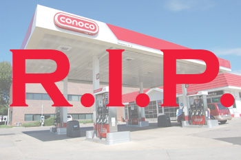 Gas station with R.I.P. superimposed on it. Big Oil is on its way out