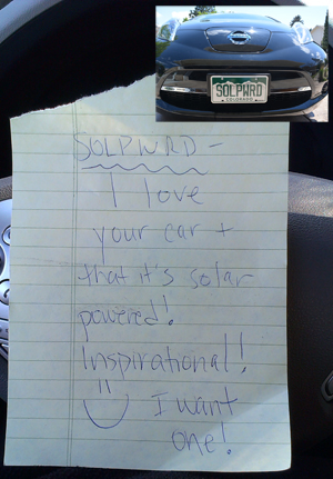 Someone left this note about my solar-charged car being inspiring on my Nissan LEAF. 