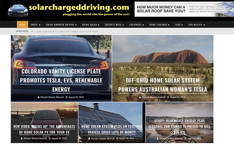 The front page of SolarChargedDriving.Com